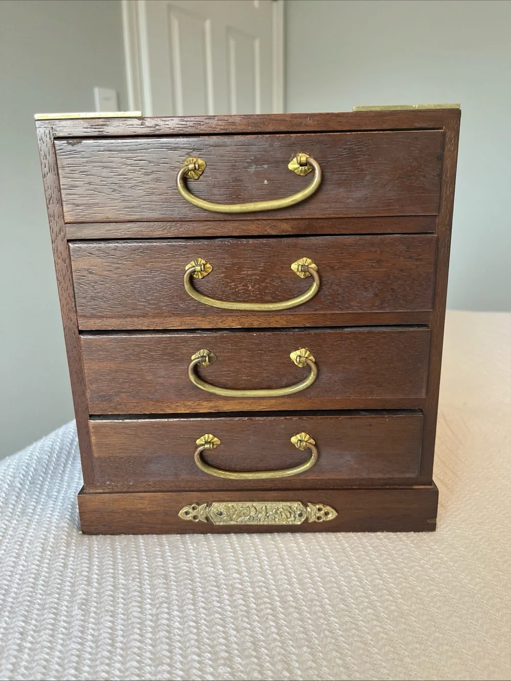 Vintage Japanese Tansu Wooden Jewelry Chest with Brass Accents - Brown